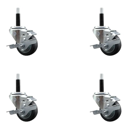 Service Caster 3'' SS Thermoplastic Rubber Swivel 3/4'' Expanding Stem Caster Set with Brake, 4PK SCC-SSEX20S314-TPRB-TLB-34-4